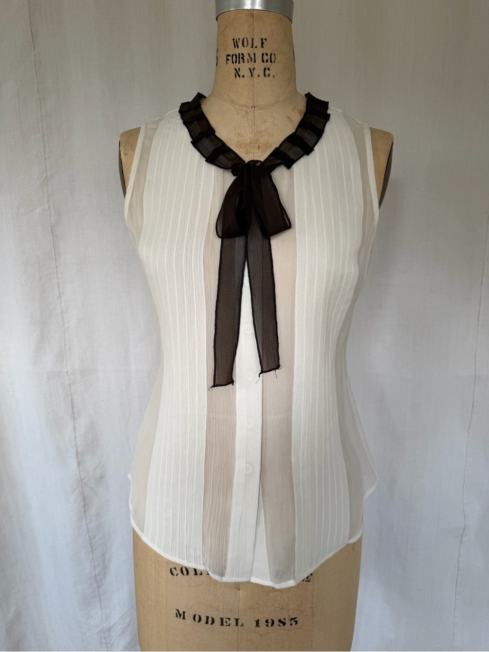 Etcetera 100% Silk Ivory Black Tie Neck Blouse Y2K Size 2